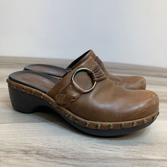 Ecco Leather Studded Slip On Size 6 EU 37 Mules Clogs Chunky Strap Boho Brown - Picture 1 of 14